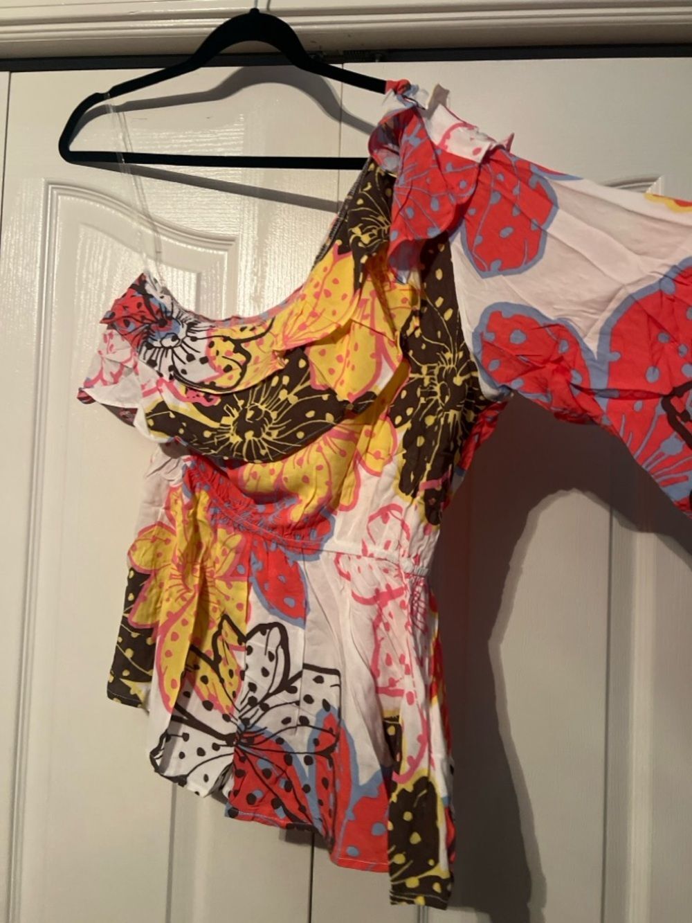 One Shoulder Floral Ruffle Blouse | Statement Print Peplum Top - Picture 6 of 8
